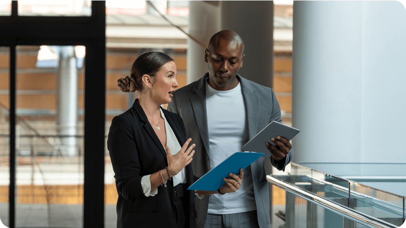 Image of a man and a woman talking
