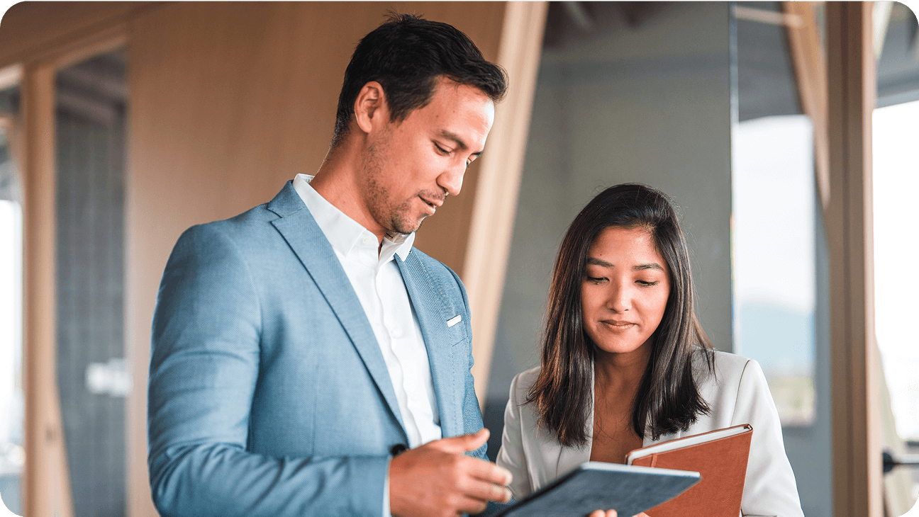 Image of a man and woman talking